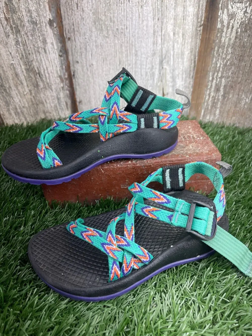 Chaco Kids ZX/1 Ecotread Sandals Geomentric Pattern Teal Pink Straps Kids 11